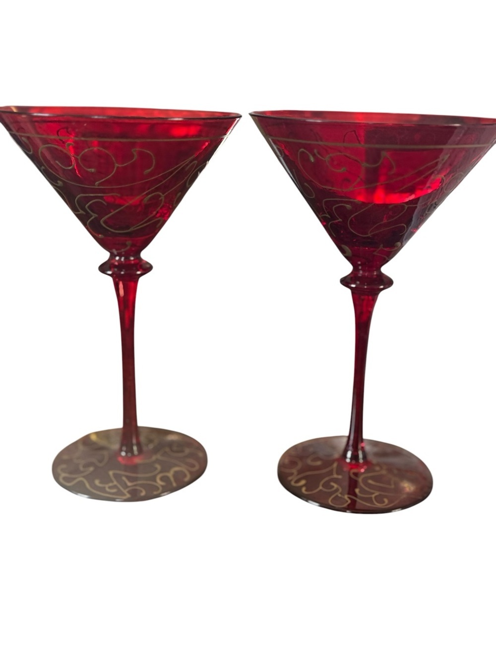 Ruby Red Martini Glasses Gold Scroll Swirl Set of 2 Cocktail Stemware